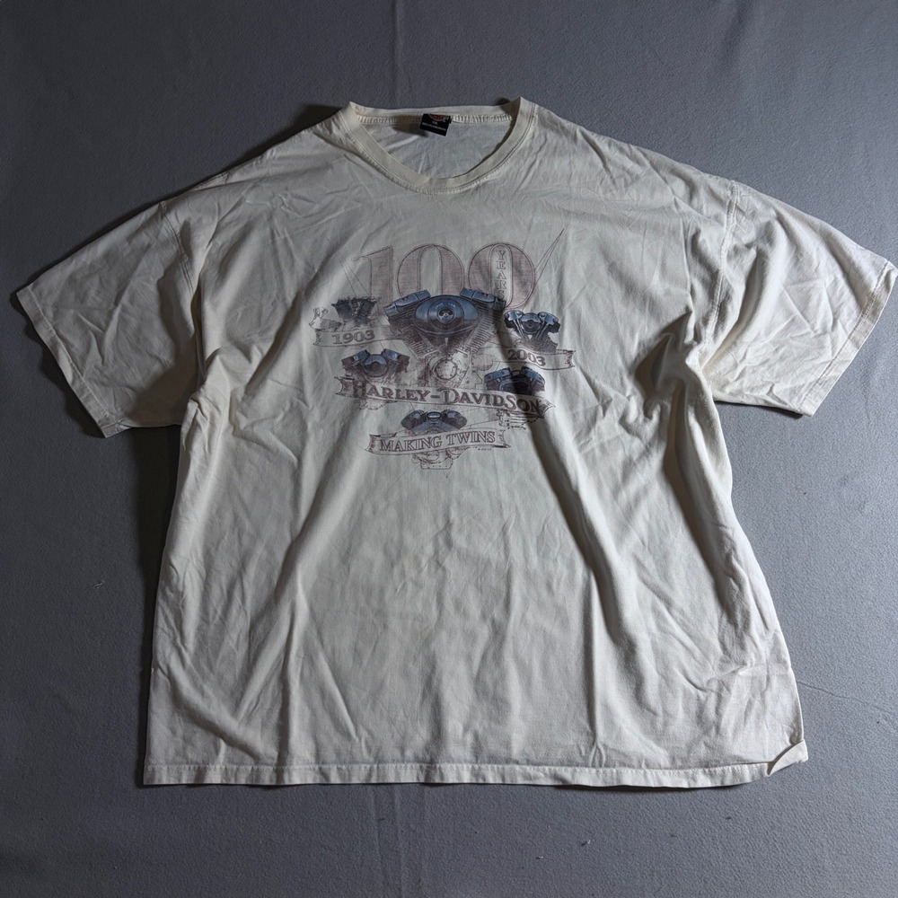 Harley Davidson 100th Anniversary Daytona Beach T-Shirt Mens 3XL Cream 2002 Y2K